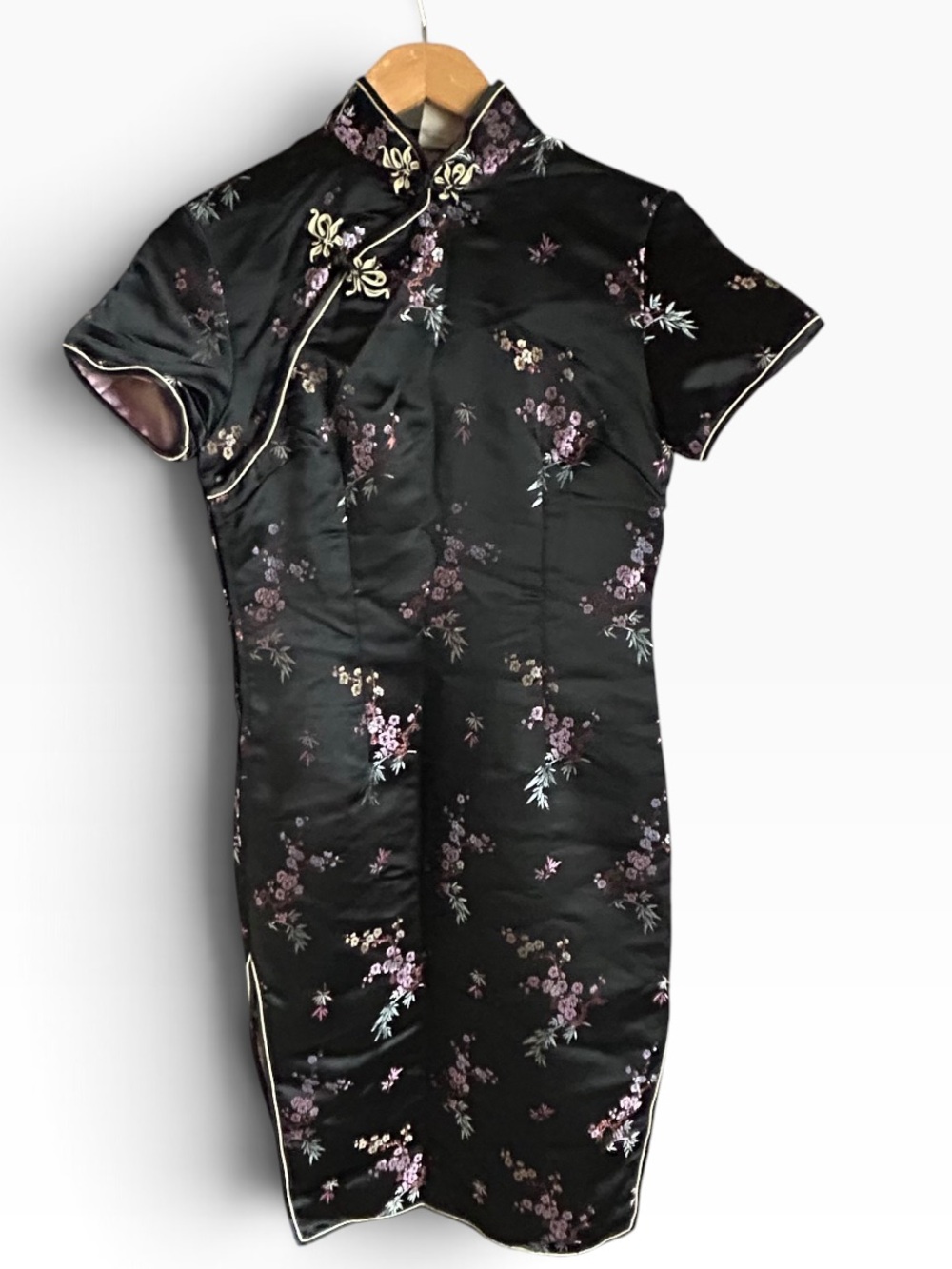 Black Floral Satin Cheongsam with Pink Accents